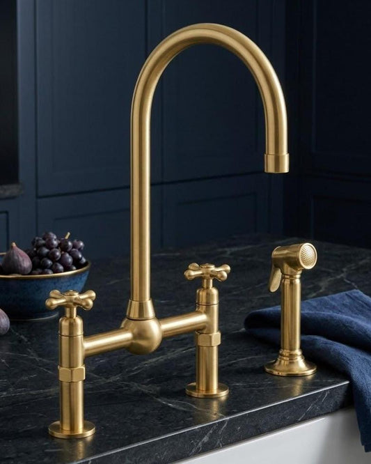 Unlacquered Brass Bridge Faucet with Side Sprayer – detail view