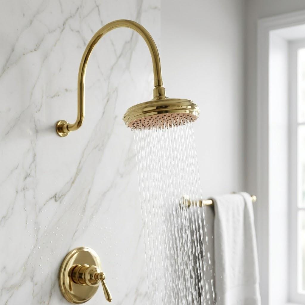 Unlacquered Brass Rain Shower Head, Curved Arm – installed view