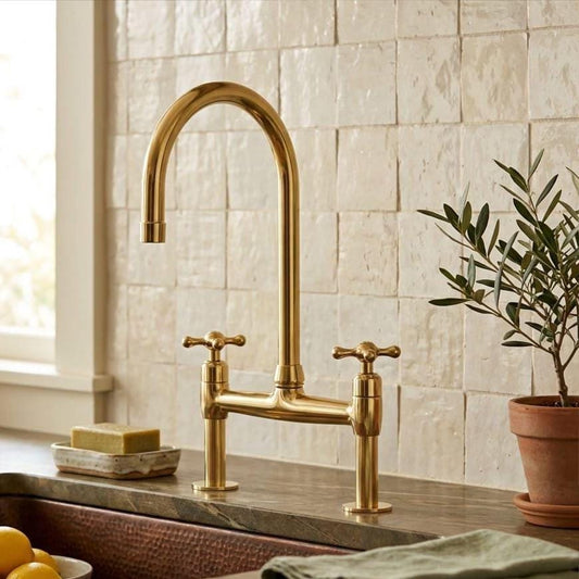Unlacquered Brass Bridge Faucet, Gooseneck Kitchen Tap