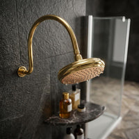 Unlacquered Brass Rain Shower Head, Curved Arm, Vintage Wall Mount Fixture
