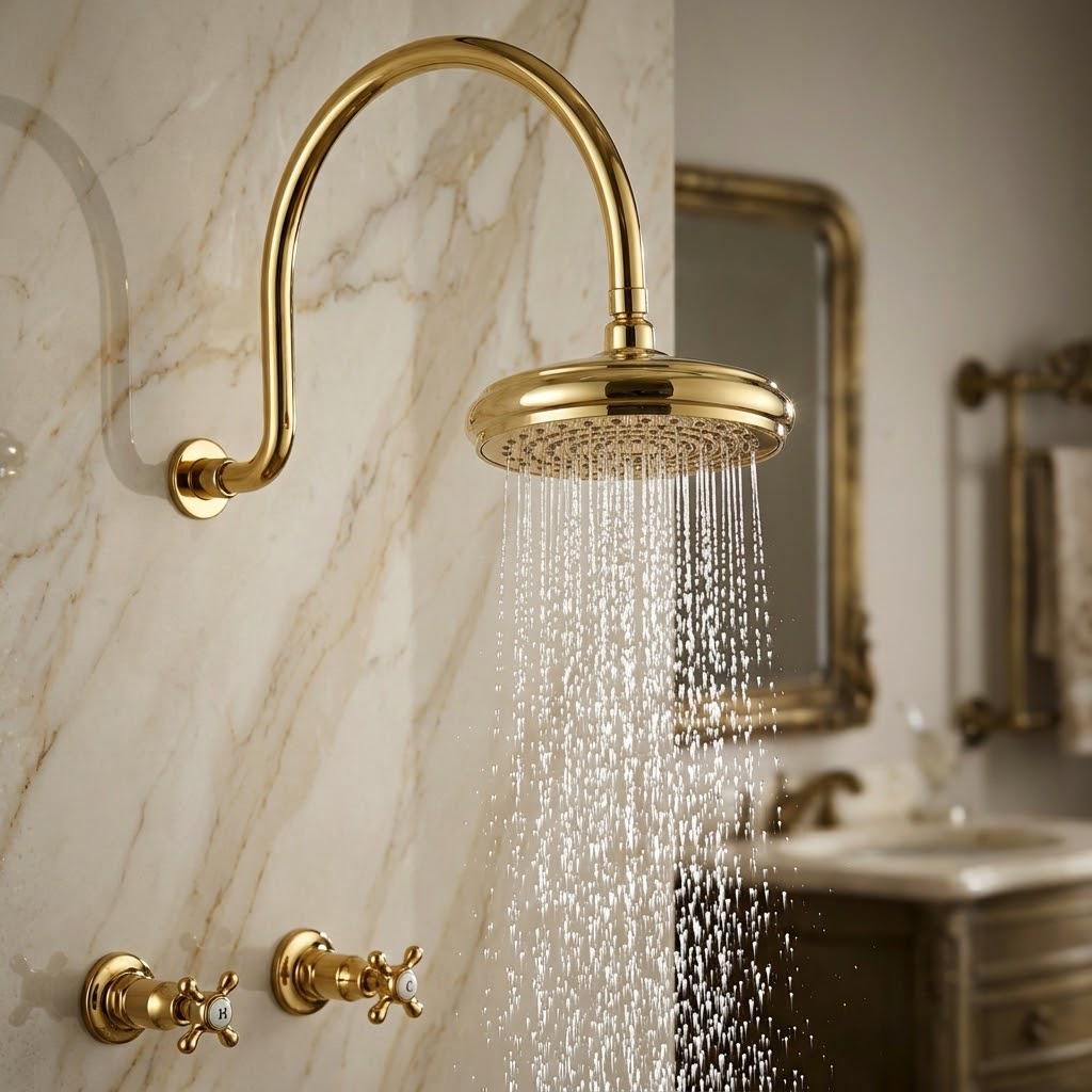 Unlacquered Brass Rain Shower Head, Curved Arm